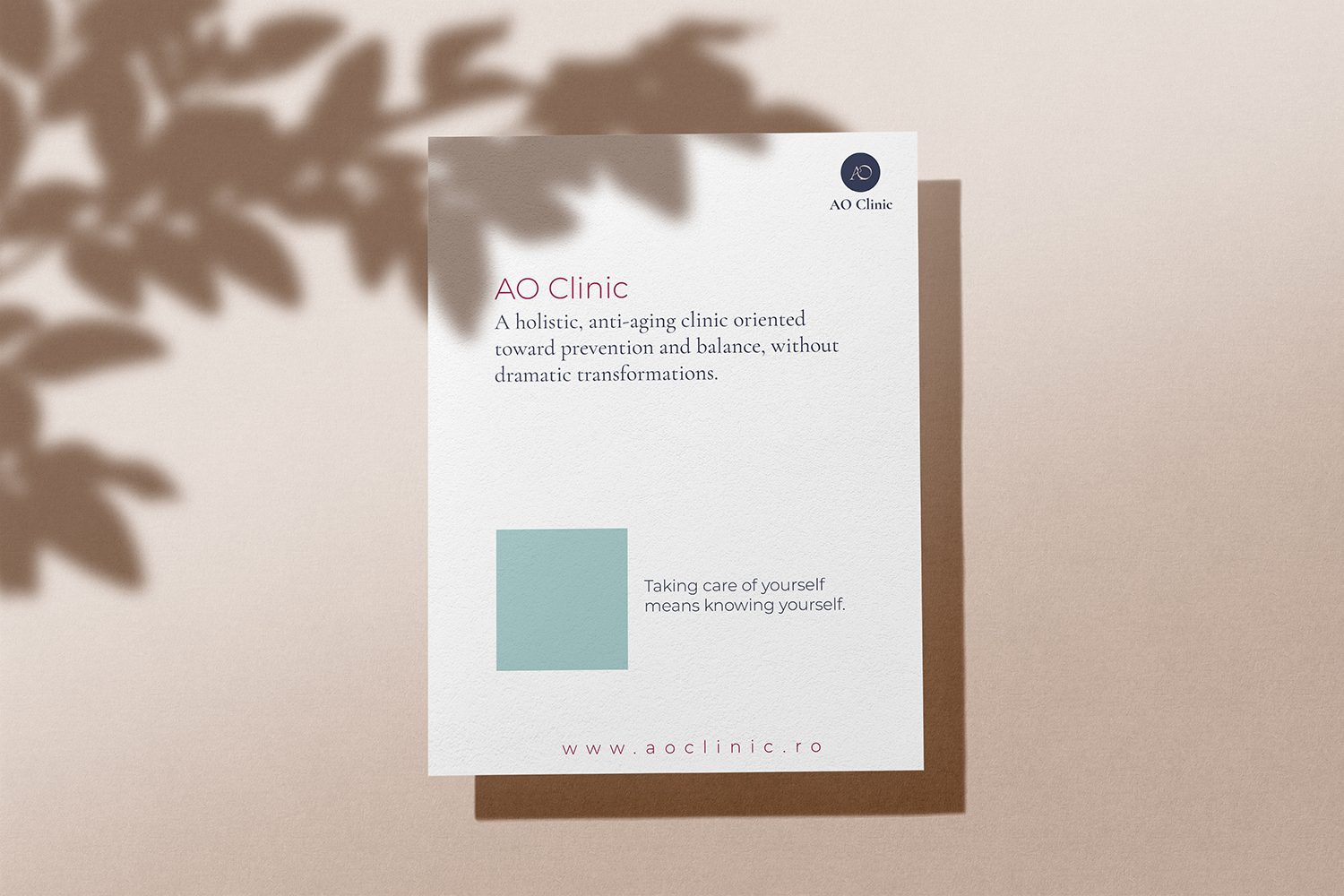 AO Clinic letterhead mockup with the logo, brand text and teal accent square
