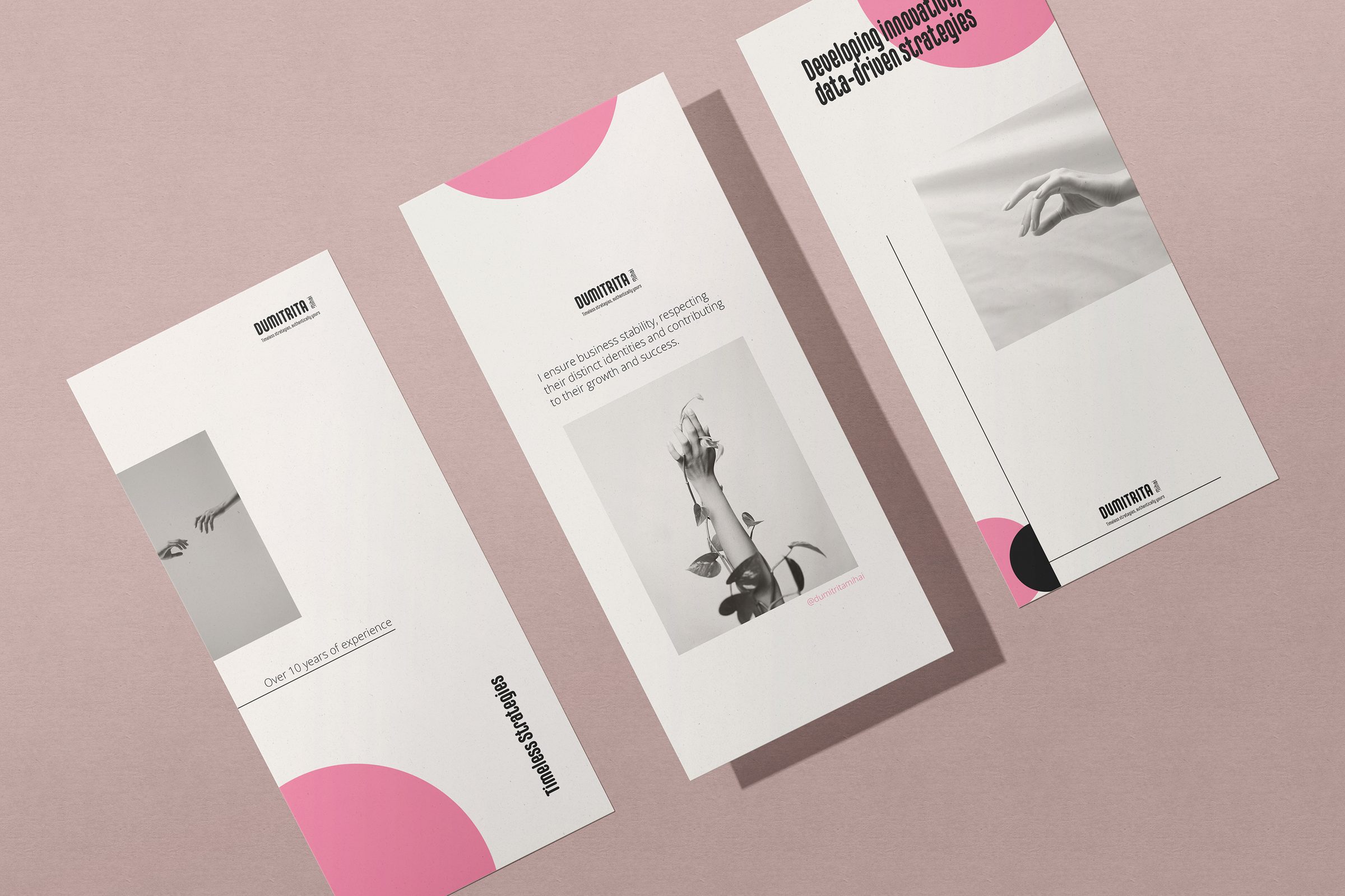 Dumitrita Mihai pink and white brochure mockup for a marketing specialist