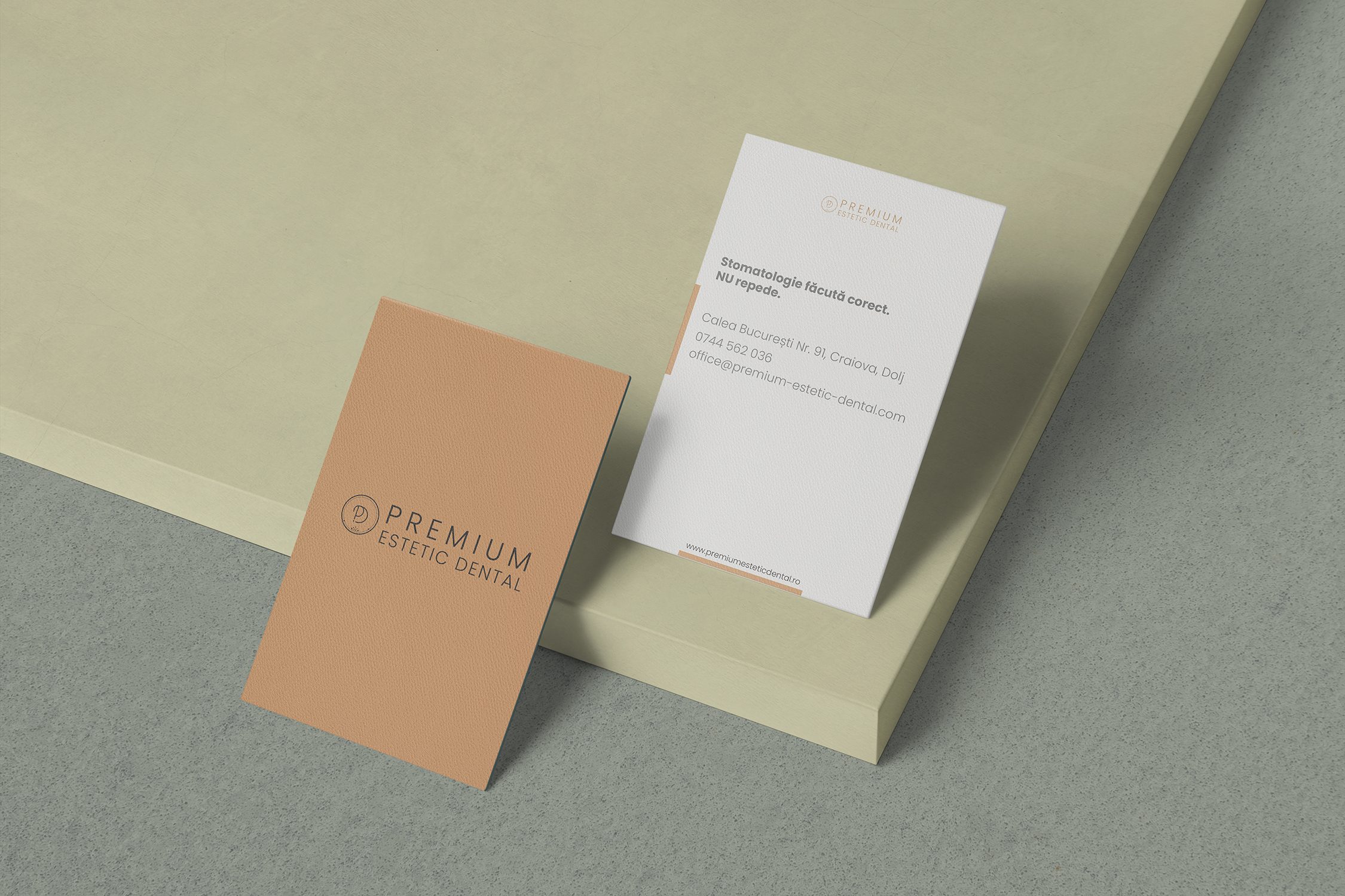 Premium Estetic Dental terracotta and white business cards