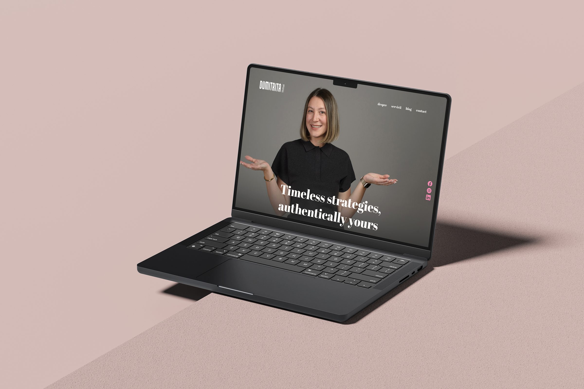 Dumitrita Mihai website home page on a laptop with the headline 'Timeless strategies, authentically yours'