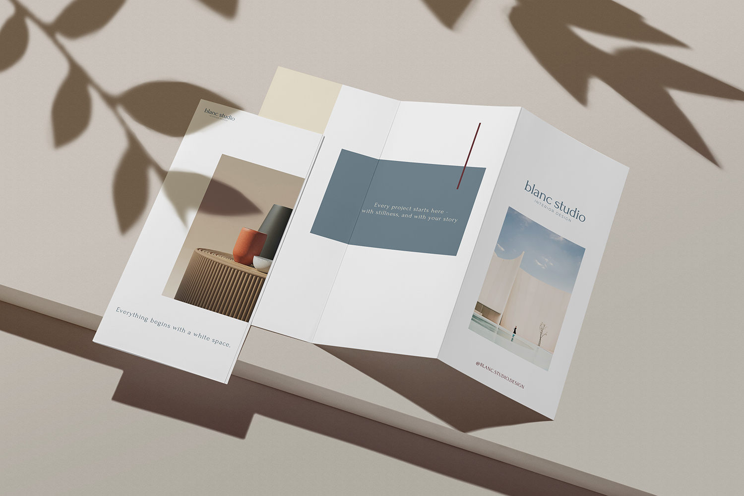 Blanc Studio tri-fold brochure mockup in blue-grey and cream