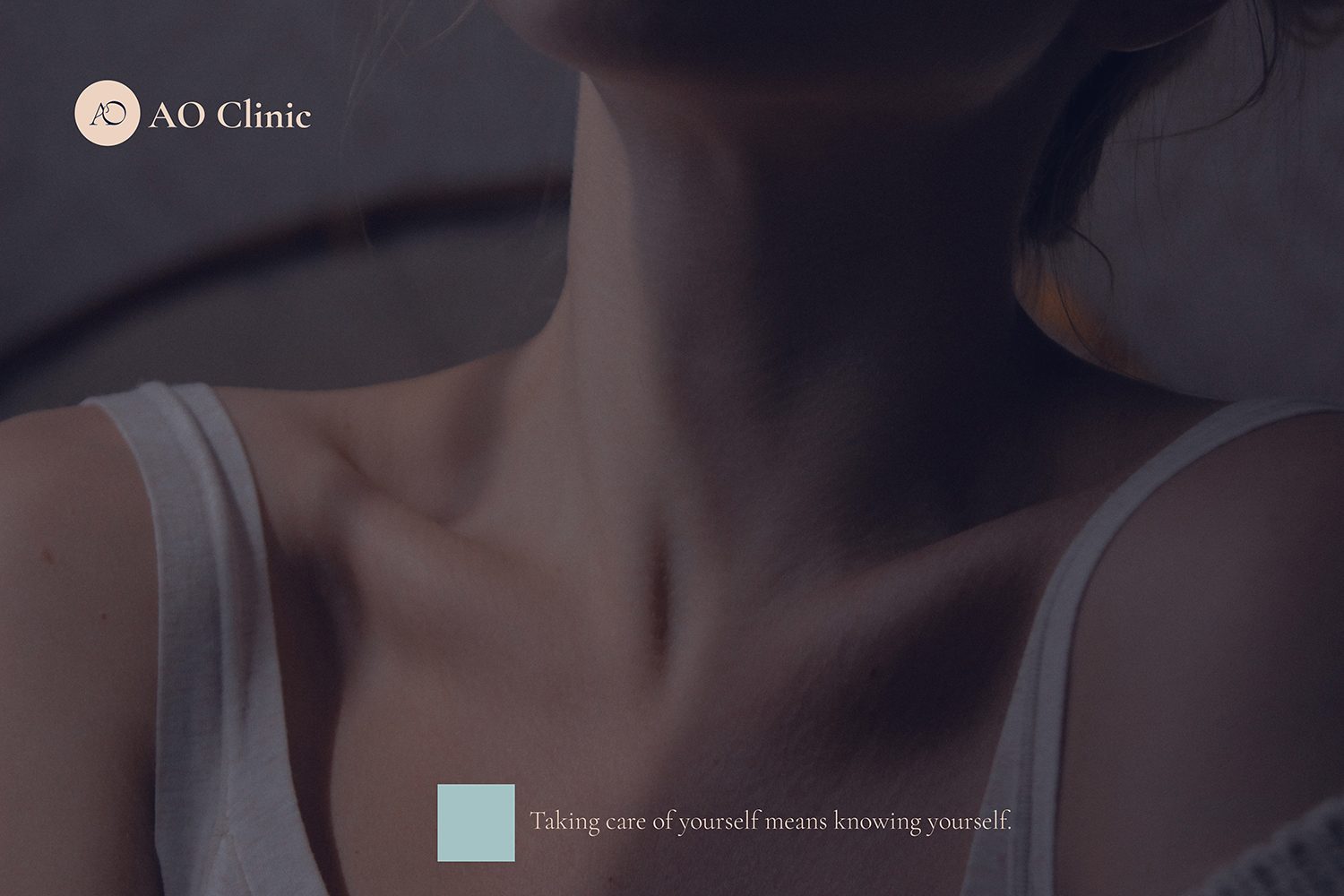 AO Clinic social media visual with the logo over a woman's portrait and the line 'Taking care of yourself means knowing yourself'