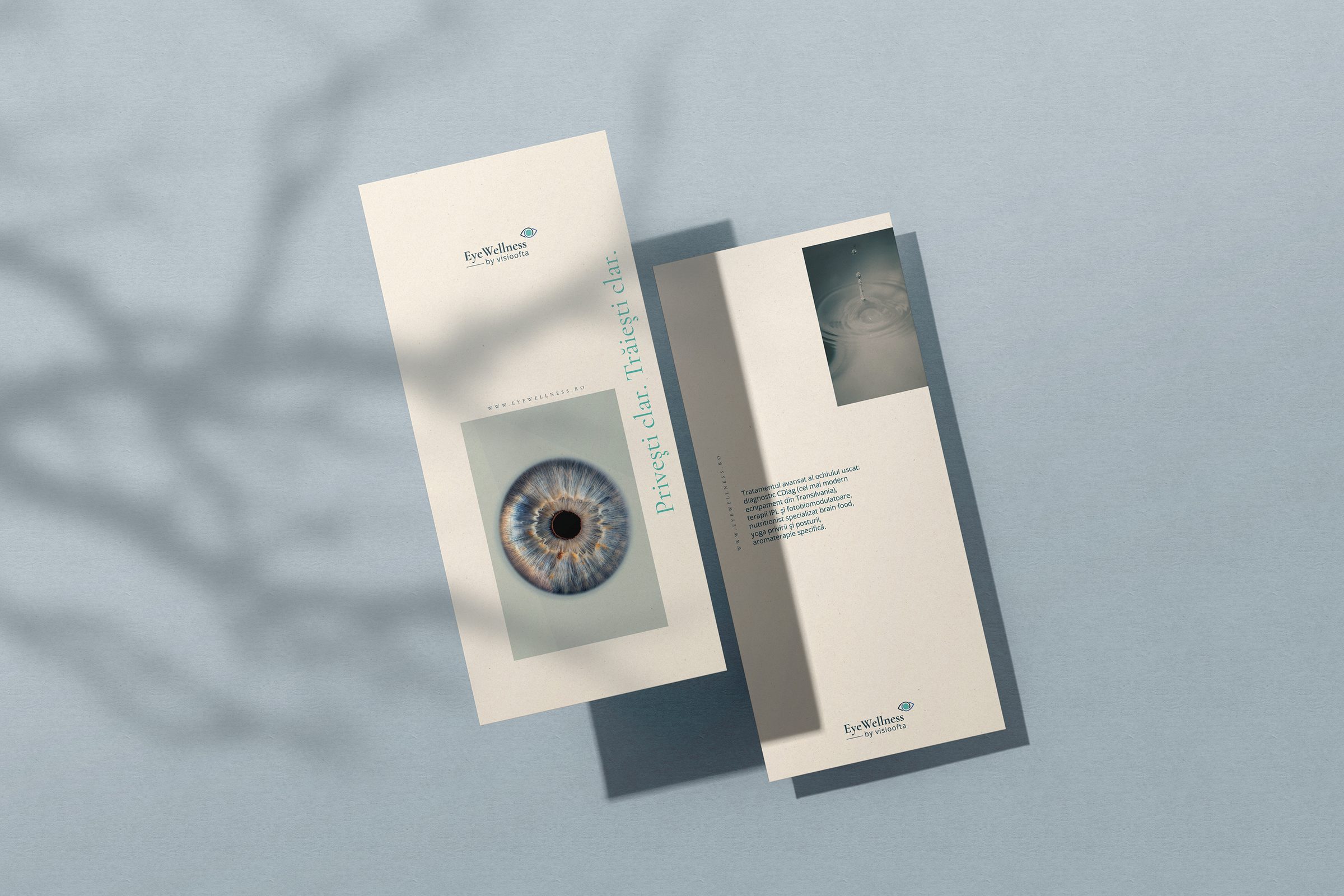 EyeWellness by Visioofta brochure mockup with an eye photograph on a blue-grey background