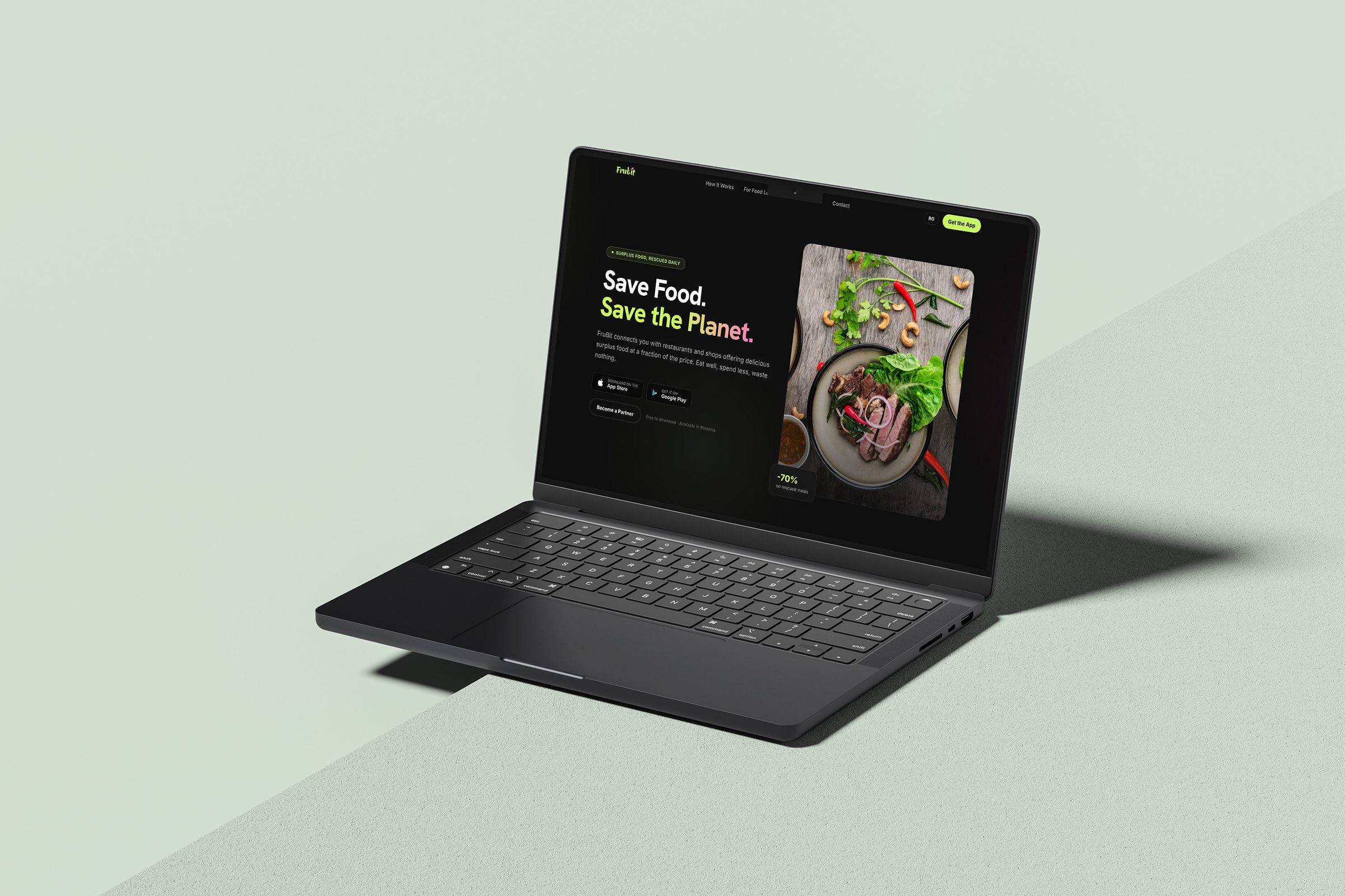 Frubit app website shown on a laptop mockup