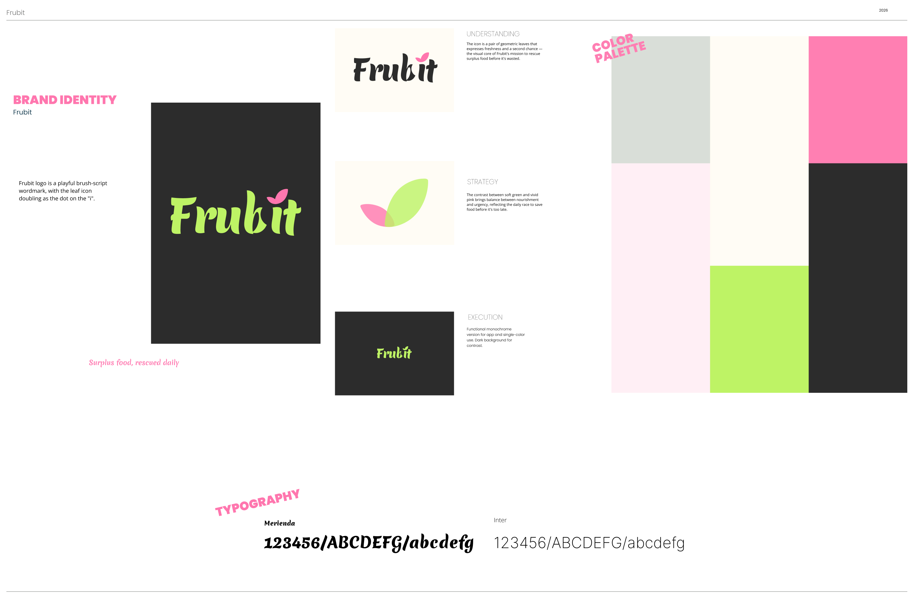 Frubit brand book page with the green logo, color palette and typography