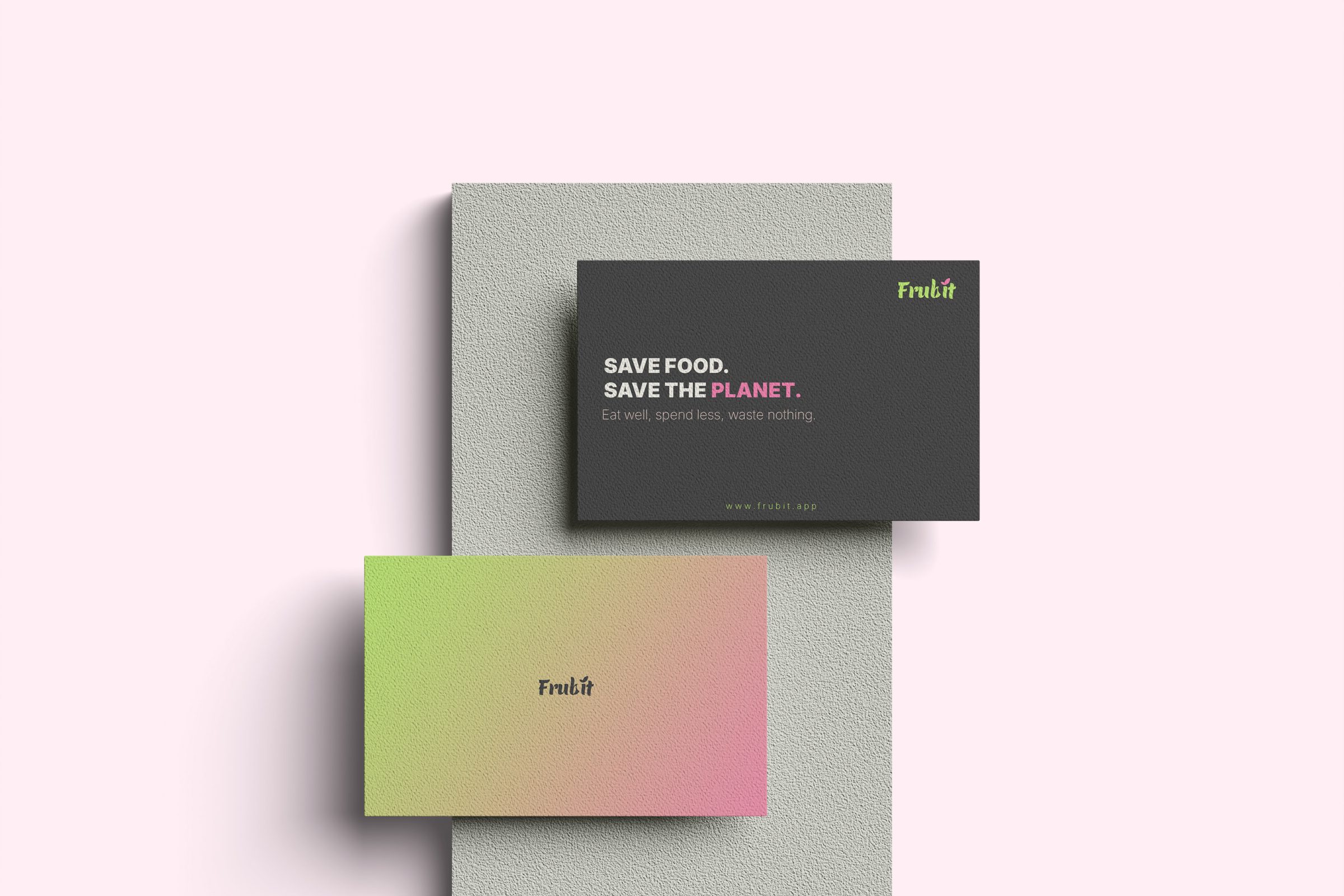 Frubit dark and gradient business cards with the slogan 'Save food. Save the planet.'