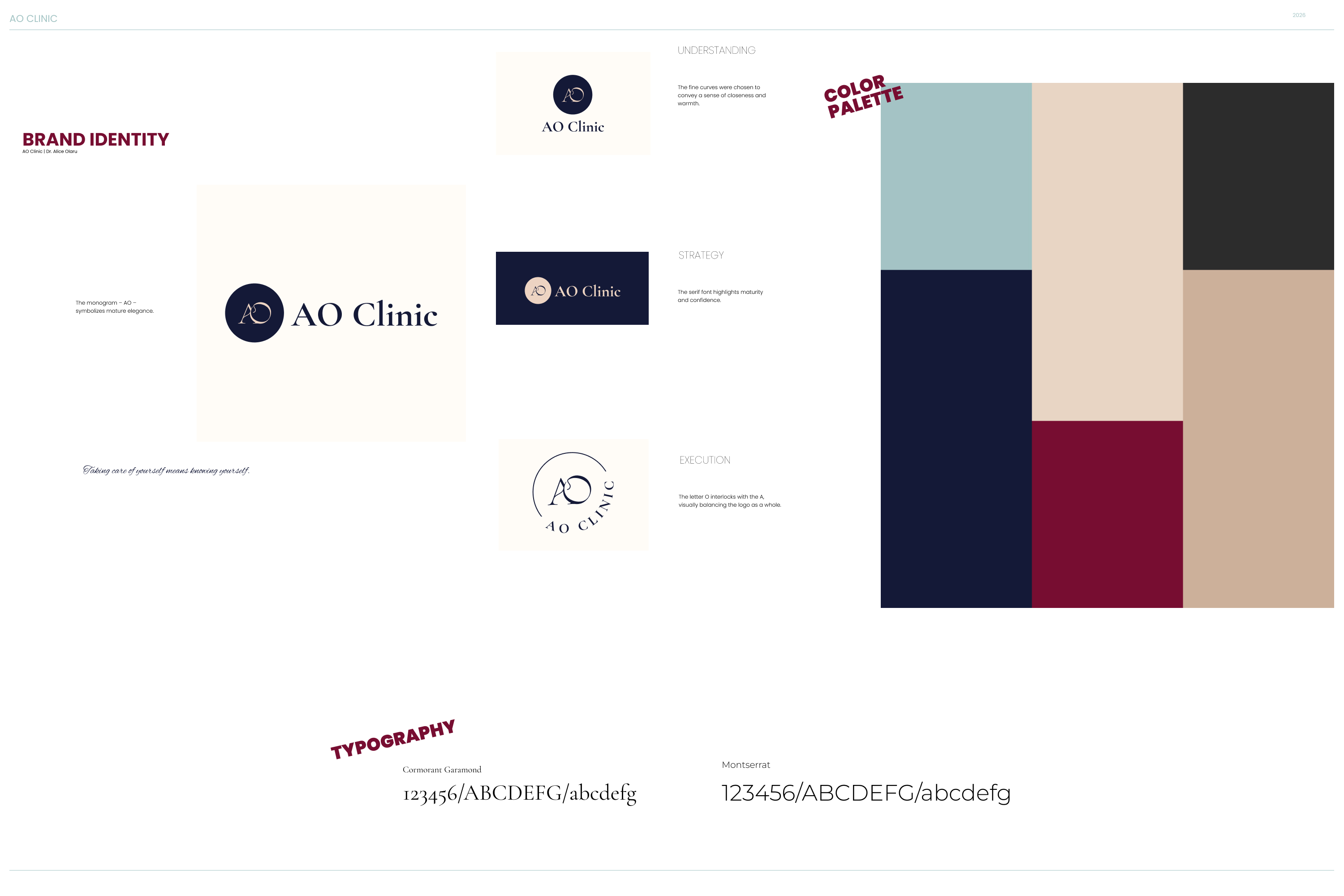 AO Clinic brand book page with logo variations, color palette and typography