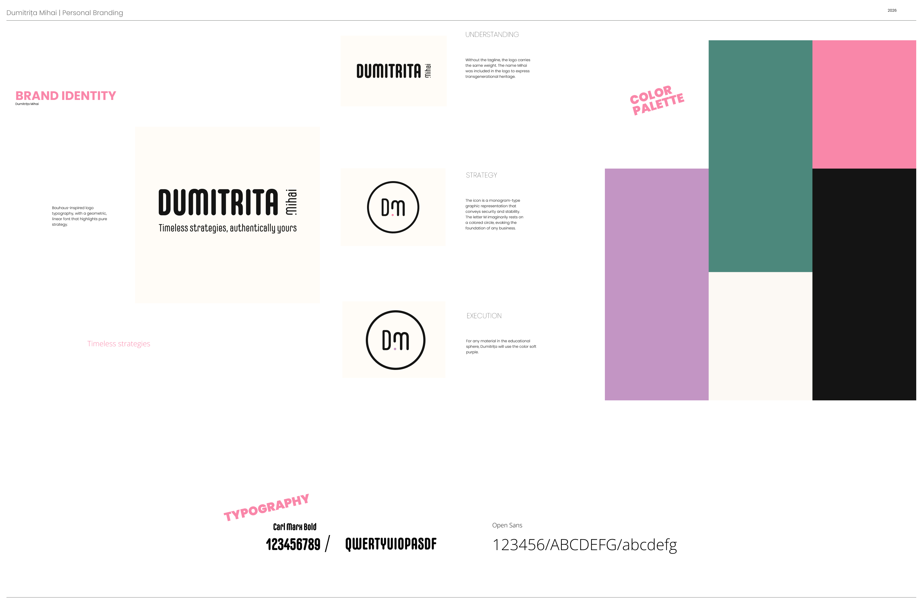 Dumitrita Mihai brand book page with logo, DM monogram, color palette and typography