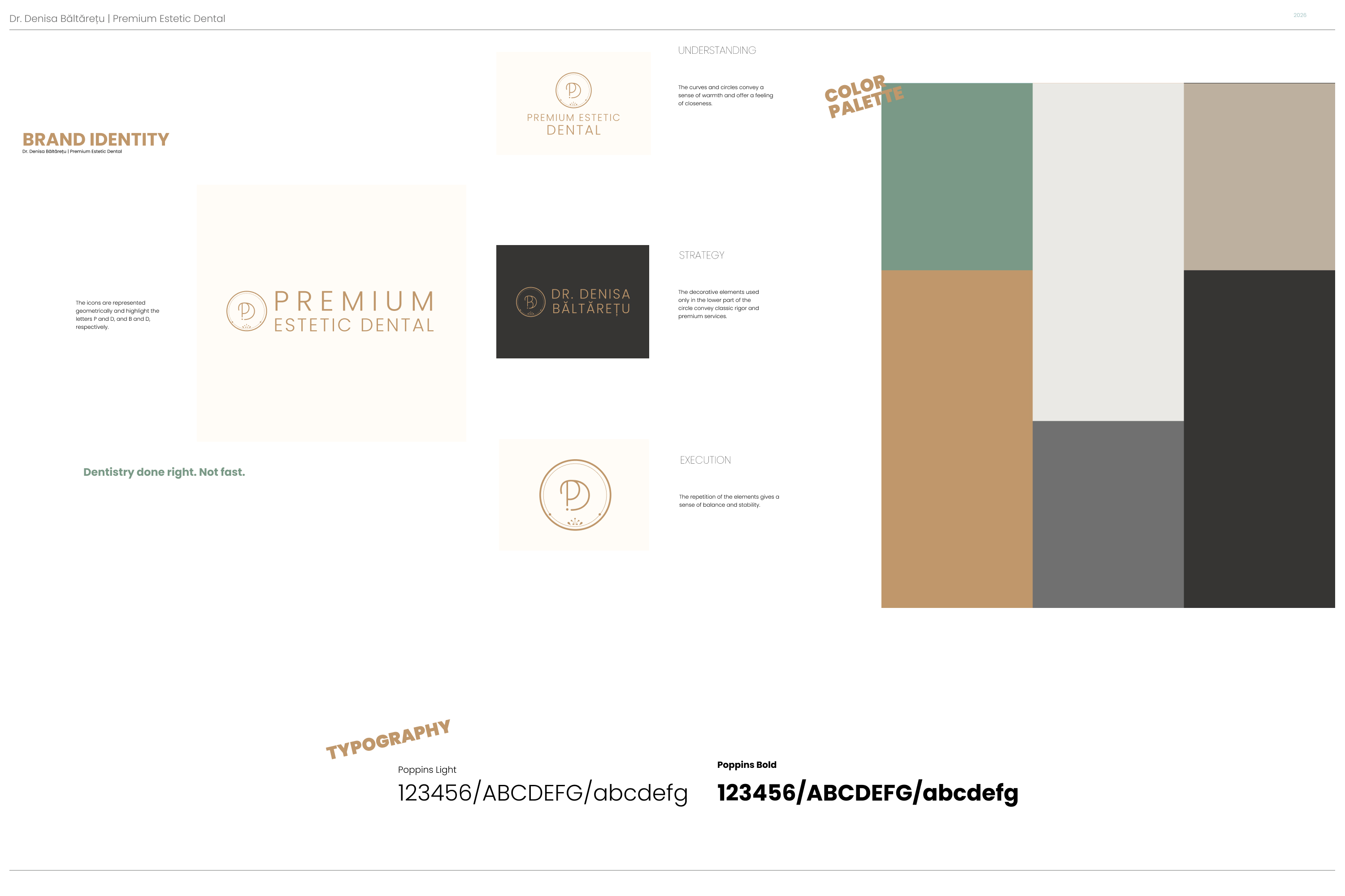 Premium Estetic Dental brand book page with logo variations, color palette and typography