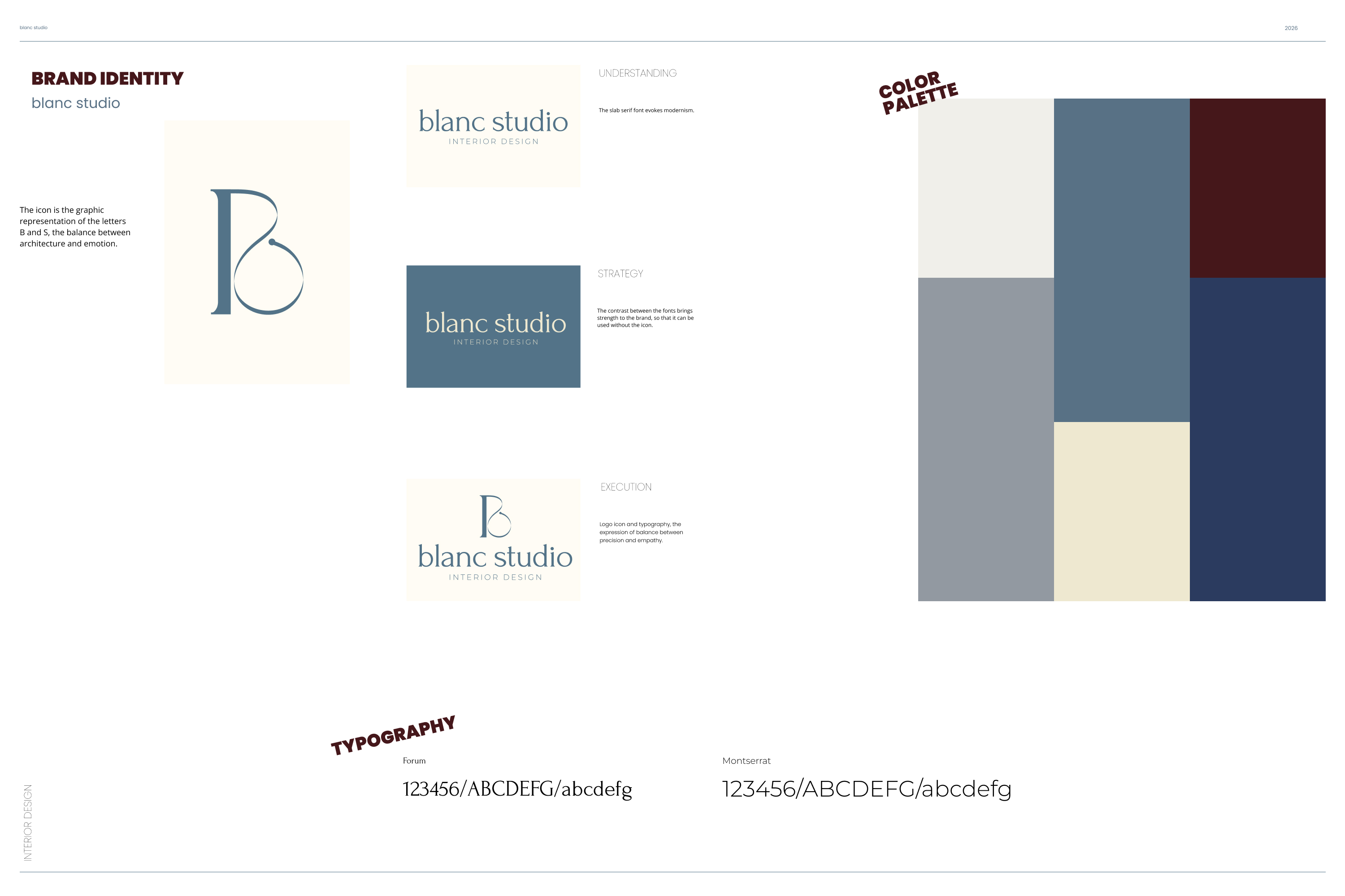 Blanc Studio brand book page with the B monogram logo, color palette and typography